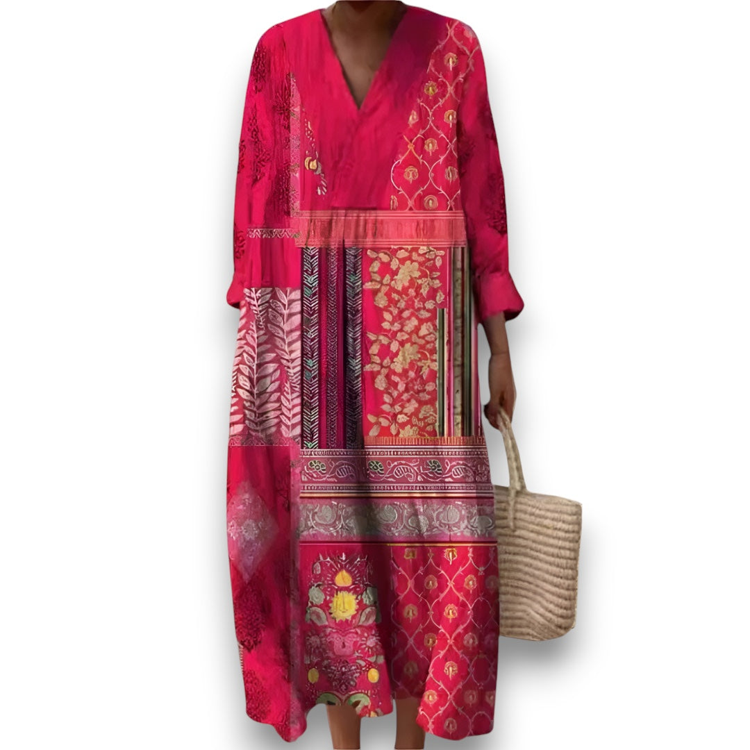 Bohemian Patchwork Midi Kjole til Kvinder I Rosendal