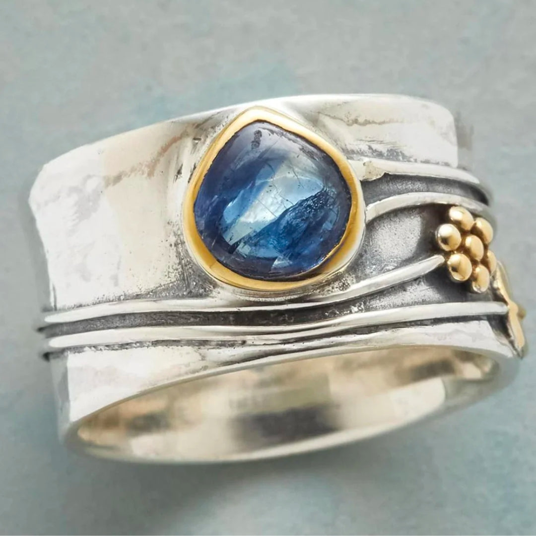 Boho Sølv Ring med Blå Sten I Rosendal
