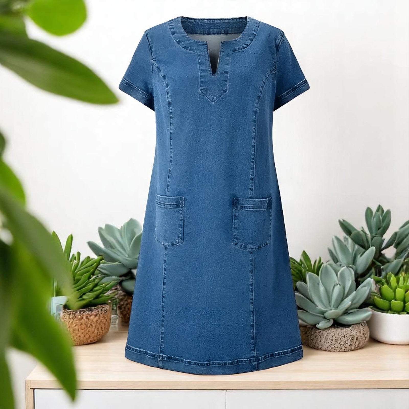 Blød Denim Kjole med Foran Lommer | Rosendal