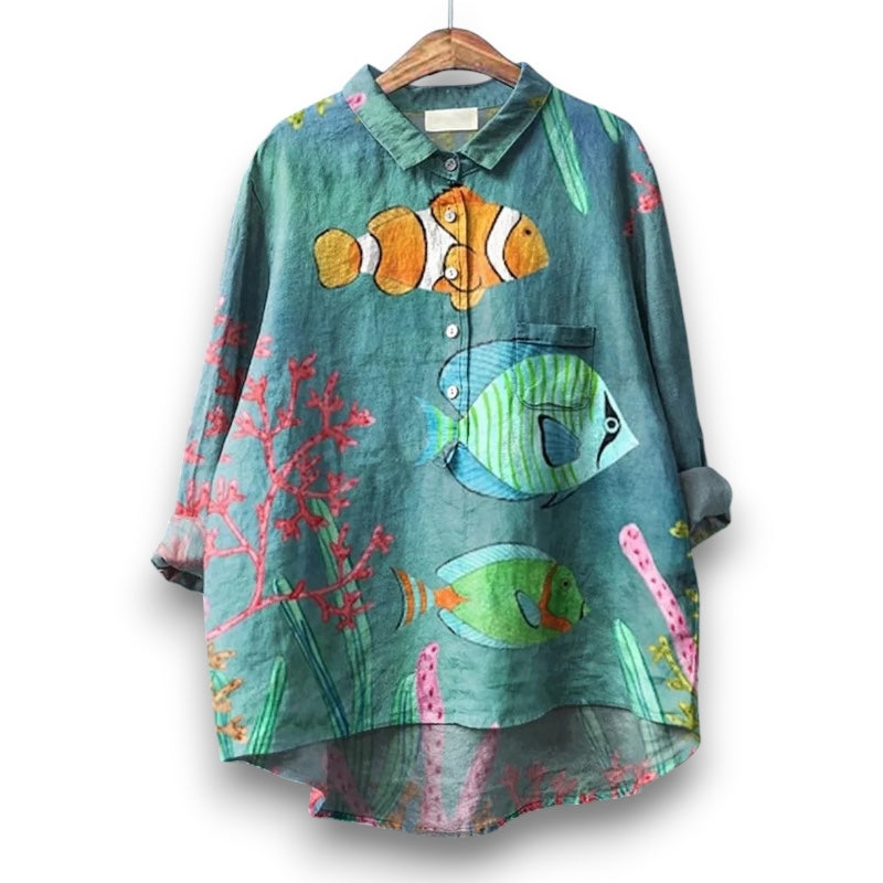 T-shirt Kunst Dyr med Fisk I Rosendal