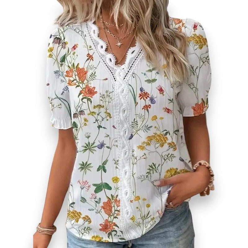 Blomster Blonde V-Hals Bluse | Rosendal™