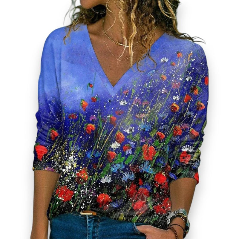 T-shirt med V-udskæring og blomsterprint Mara™ | Rosendal