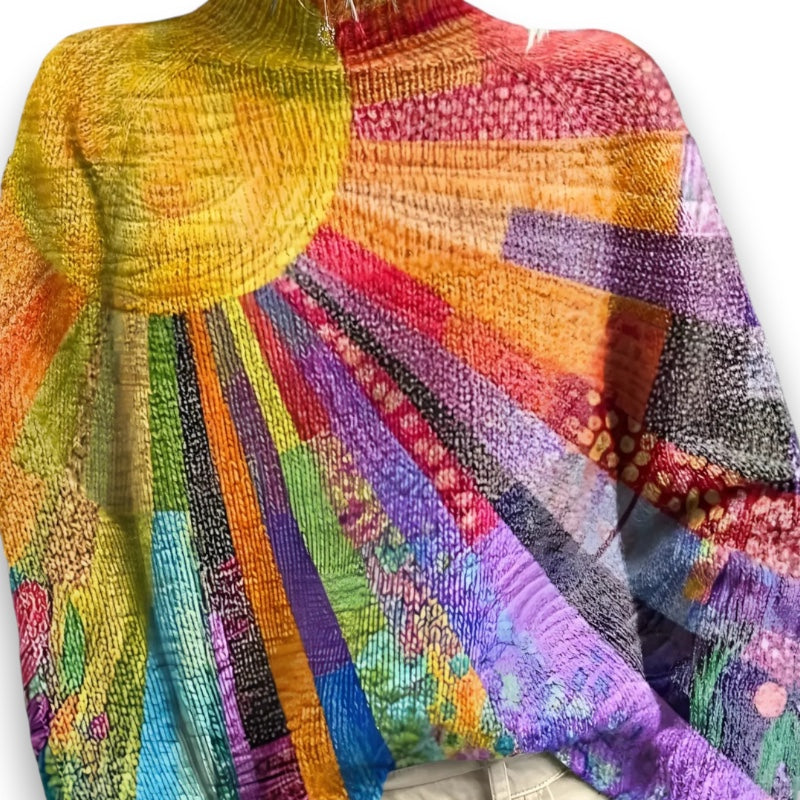 Farverig og livlig højhalset sweater Lisbeth I Rosendal