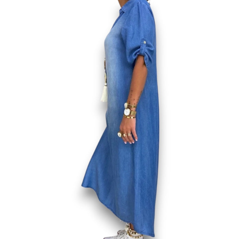 Lang kjole i jeanslook med sideslids Mette I Rosendal