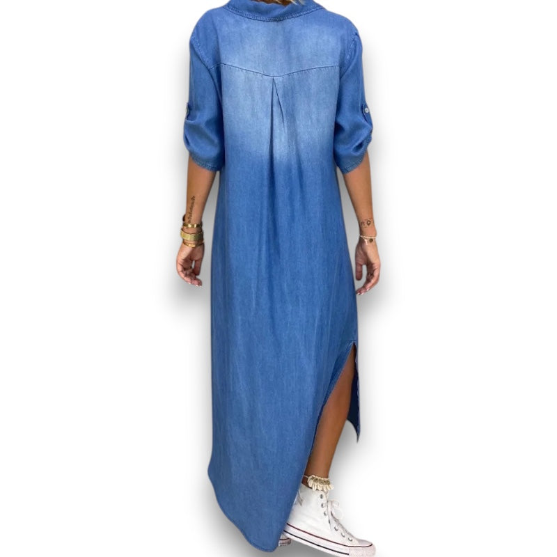 Lang kjole i jeanslook med sideslids Mette I Rosendal